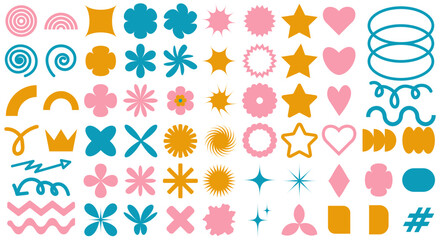 Fototapeta na wymiar Set of colorful abstract shapes on white background. Groovy elements for posters design, stickers in retro style. Vector illustration with geometric shapes,lines, hearts, stars and hand-drawn elements