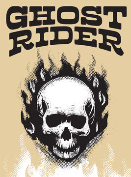Ghost Rider, old west poster, retro sticker, Inferno, skull firing, epic, Masquerade, cowboy, west, gang mascot, silhouette, Halloween
