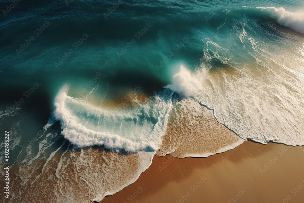 Poster a bird's-eye view of a beach with a wave breaking in the distance generative ai