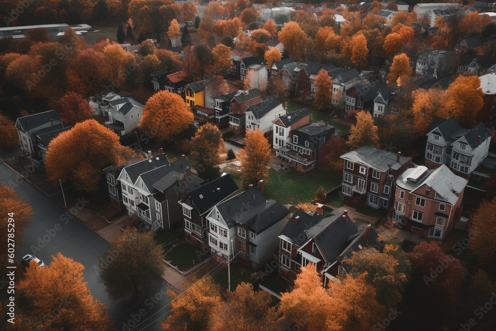 Poster a bird's-eye view of a residential community that is encircled by trees generative ai