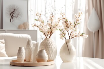 Fototapeta na wymiar Vases with beautiful blossoming branches on table in room. Interior design. Created with Generative AI tools