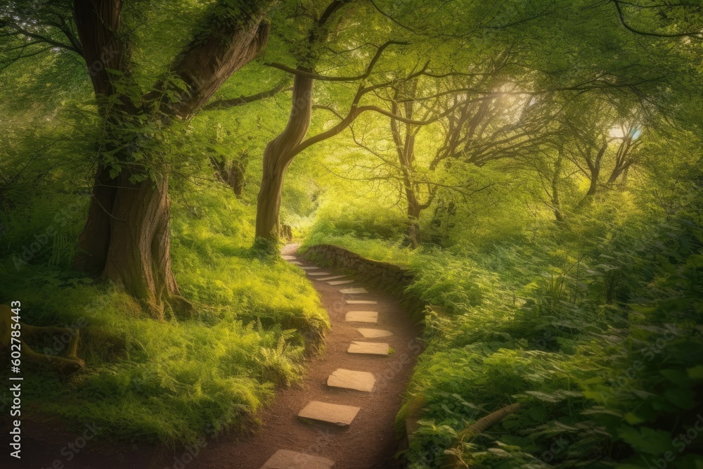 Poster serene path surrounded by lush greenery in a forest generative ai