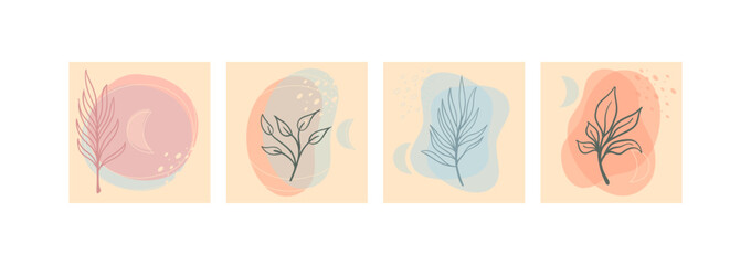 Set of abstract foliage wall art. Leaves, organic shapes, leaf branch, tree in vector line art style. Decoration collection design for interior, poster, cover, banner.