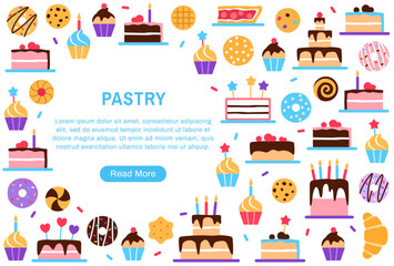 Obraz premium Pastry background with circle copy space and button. Colorful baked healthy food collection design. Dessert elements donut cake cupcake for cafe menu. Internet web page flat vector illustration.