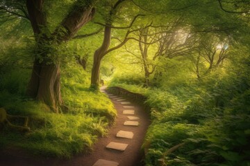 serene path surrounded by lush greenery in a forest Generative AI