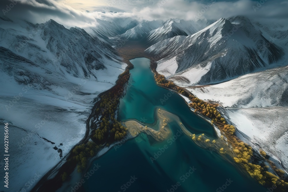Poster a bird's-eye view of a lake in the middle of a mountain range generative ai