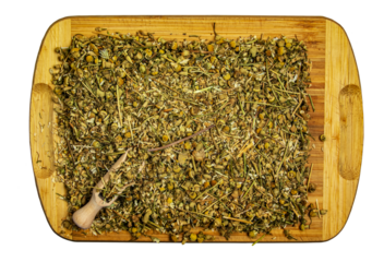 Background of dried chamomile flowers. The Latin name is Matricaria Chamomilla. Medicinal herb.