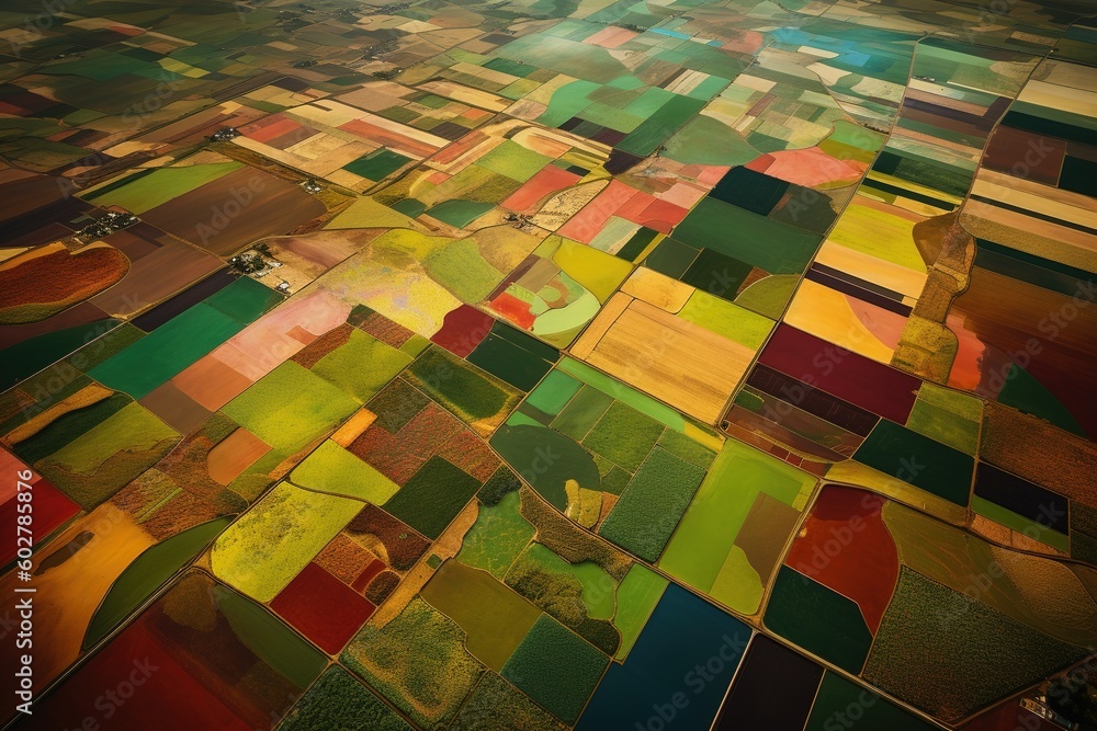 Poster an overhead perspective of a vibrantly colored terrain mass generative ai