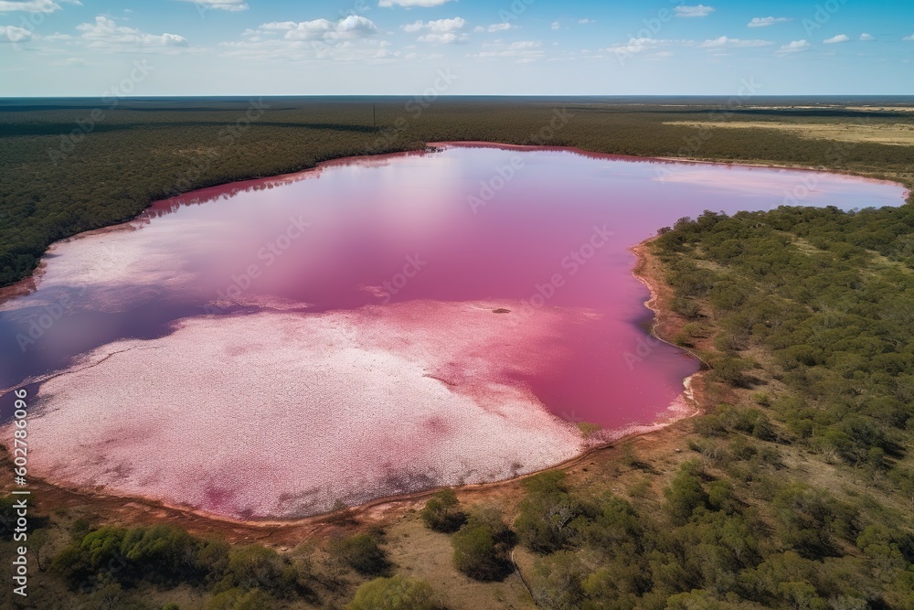 Poster a lake with a pink hue that is bordered by green trees and has a blue sky as its backdrop. generativ