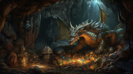 A mystical dragon guarding a treasure trove in a hidden cave Generative AI