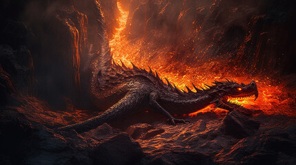 Obraz premium A fiery dragon breathing streams of molten lava, creating a dramatic scene Generative AI