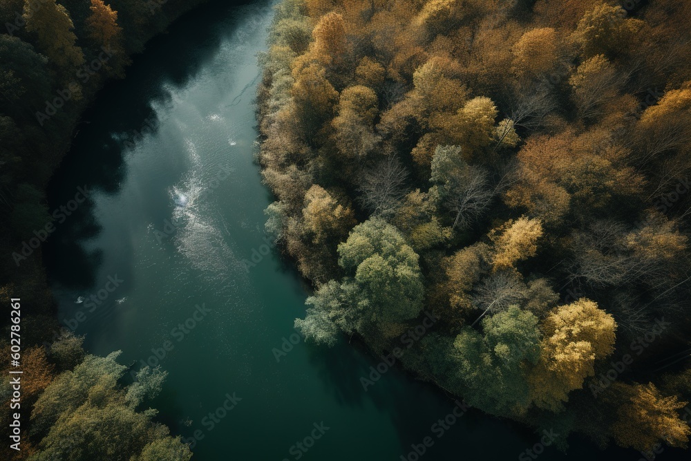 Poster a bird's-eye view of a river that is encircled by trees generative ai