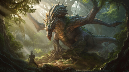 A dragon wrapped around a massive tree, its wings creating a canopy of shade Generative AI © Nataliya