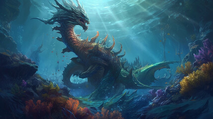 Fototapeta na wymiar A dragon diving into the depths of a vast ocean, surrounded by marine life Generative AI