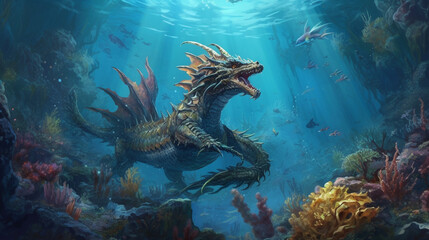 Fototapeta na wymiar A dragon diving into the depths of a vast ocean, surrounded by marine life Generative AI