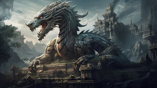 A majestic dragon surrounded by ancient ruins, evoking a sense of mystery Generative AI