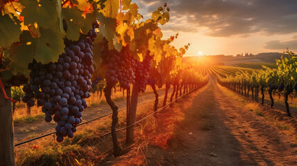Ripe grapes in vineyard at sunset, Tuscany, Italy. - obrazy, fototapety, plakaty