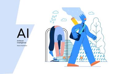Artificial intelligence illustration. Job -modern flat vector concept illustration -AI going to work instead of human, upset woman stays home. AI metaphor, advantage, superiority and dominance concept