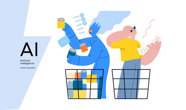 Artificial intelligence, Shopping -modern flat vector concept illustration of AI effectively choosing groceries and man having difficultiy. Metaphor of AI advantage, superiority and dominance concept
