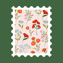Post stamp with flowers and leaves vector flat illustration. Postage mail stamp, postmark.	