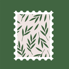Post stamp with leaves vector flat illustration. Postage mail stamp, postmark.	
