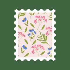 Post stamp with flowers and leaves vector flat illustration. Postage mail stamp, postmark.	