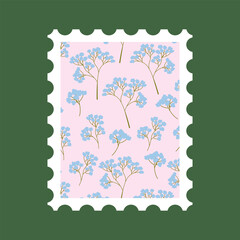 Post stamp with flowers vector flat illustration. Postage mail stamp, postmark.	