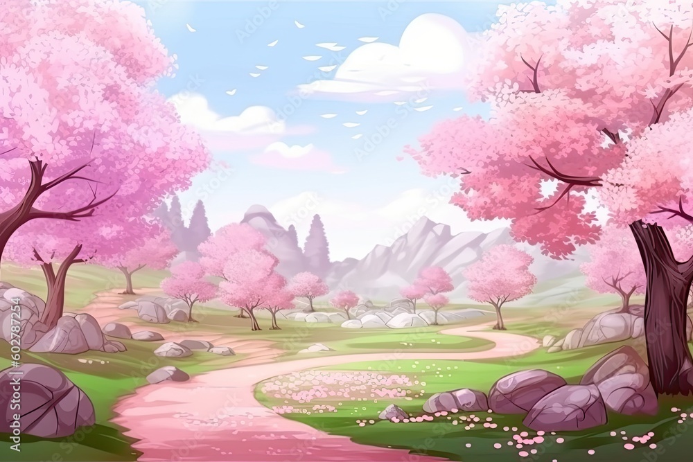 Poster dreamy pink forest landscape with rocks and trees Generative AI