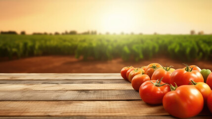 Countryside Rustic Farm-to-Table Setting. Empty wood table with ample free space against a backdrop of lush tomatoes field. Copy space for text. Organic Agriculture concept AI Generative - obrazy, fototapety, plakaty