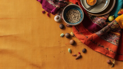 Spices of the World: An Ethnic Cuisine-themed Empty Background with Copy Space - A Top View Image Featuring an Array of Aromas, Colors, and Culinary Diversity.





