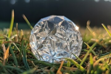 Fototapeta premium crystal ball resting on a vibrant green meadow Generative AI