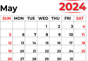 Monthly Calendar Design :   May 2024 - obrazy, fototapety, plakaty