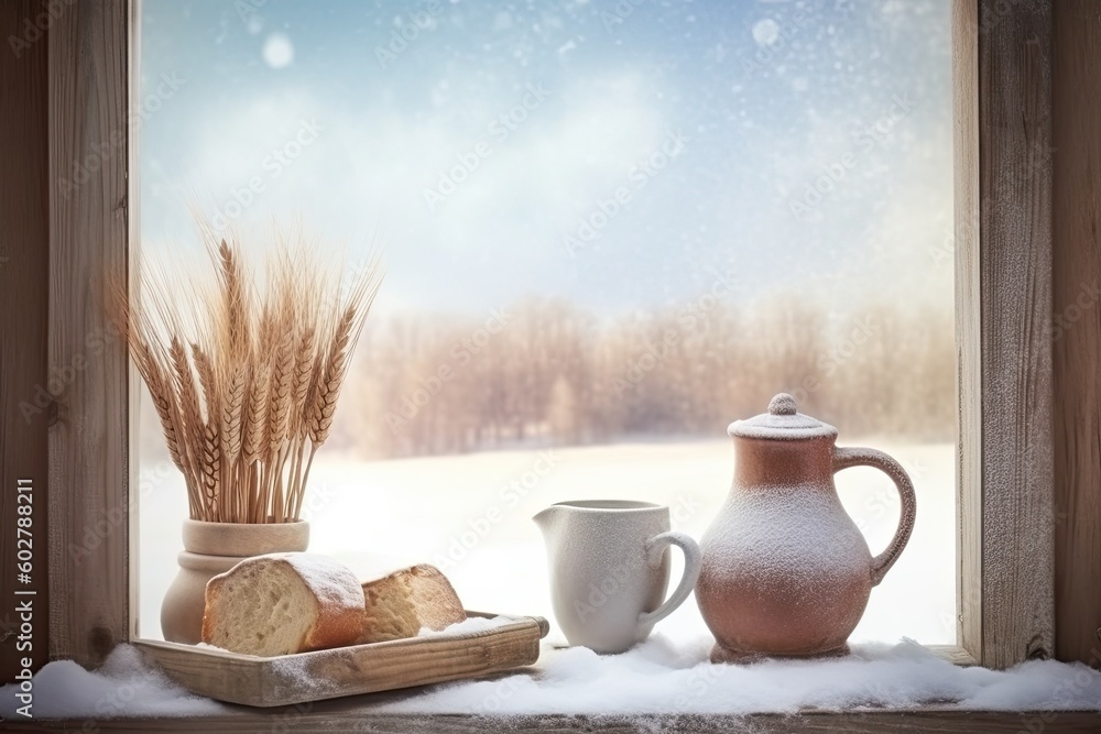 Poster rustic window sill with fresh bread and a pitcher generative ai