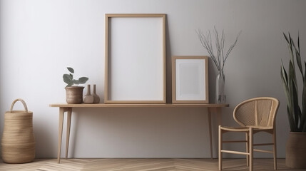 Empty Mockup frame in farmhouse, living room interior, created with Generative AI technology