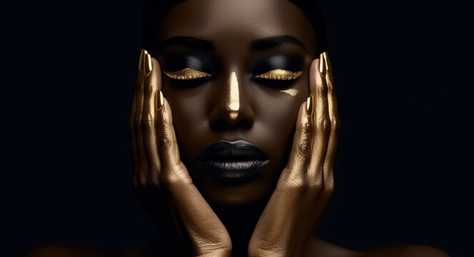 Fashion art. Beauty African woman painted in black gold skin color body, gold makeup,  lips, hands, eyelids in gold color paint. Body art. Beauty gold metallic body, painted Skin.  digital ai
