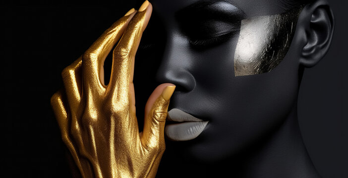 Fashion art. Beauty woman painted in black skin color body, gold makeup, hands in gold color paint. Body art. Beauty gold metallic body, painted Skin. copy space, digital ai
