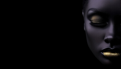 Beauty woman painted in black skin color body, gold makeup,  lips, eyelids in gold color paint. Fashion art, body art. Beauty gold metallic body, painted Skin. copy space, digital ai
