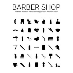 Barber shop tools and accessories glyph icons style in the vector. Fully editable.