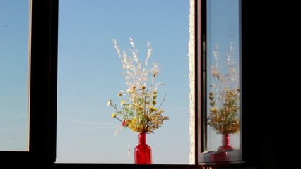 Bouquet of colorful wildflowers in a glass red vase on a window sill against blue sky. Stylish still life with natural floral composition. Rural plants flowers herbs in bunch in a windows frame.  - Powered by Adobe