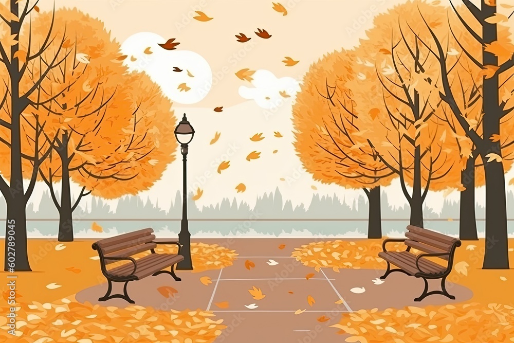 Poster serene park scene with greenery and seating generative ai