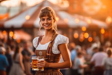 Oktoberfest Tradition. Waitress wearing traditional clothes and holding beers at the festival. Sunset. German culture and celebration concept. AI Generative - obrazy, fototapety, plakaty