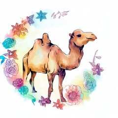 Vibrant Watercolor Illustration of a Camel with Flower Decorations, Generative AI