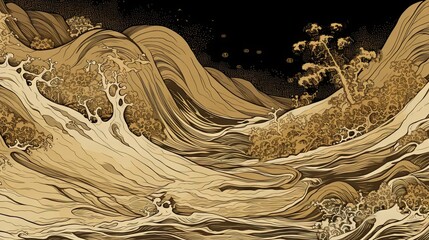 Japanese traditional Ukiyoe beige dynamic wild nature Abstract, Elegant and Modern AI-generated illustration