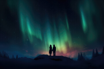 Naklejka na ściany i meble Twilight Romance: Silhouette Couple Embraces in Passionate Kiss against the Glowing Aurora Boreal Background Ai Generative