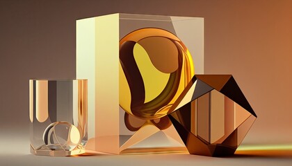 glass object in yellow box with simple geometry and minimal flat ray modern artistic glass interior and background Abstract Elegant Modern AI-generated illustration