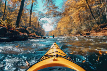 Fototapeta premium Serene River Adventure. Kayaking down the river surrounded by trees. Outdoor sport concept AI Generative