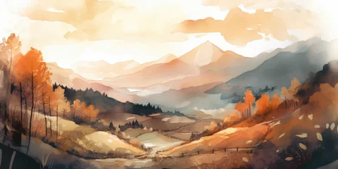 Fototapeten Majestic Mountain Watercolor. Stunning landscape illustration featuring mountains in watercolor with golden line art details. Art concept AI Generative © Mr. Bolota