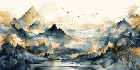 Majestic Mountain Watercolor. Stunning landscape illustration featuring mountains in watercolor with golden line art details. Art concept AI Generative