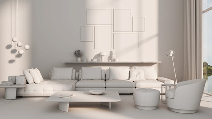 Obraz na płótnie Canvas Large luxury modern bright interiors Living room mockup banner illustration 3D rendering computer digitally generated image