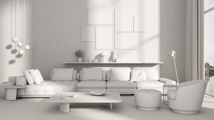 Fototapeta na wymiar Large luxury modern bright interiors Living room mockup banner illustration 3D rendering computer digitally generated image